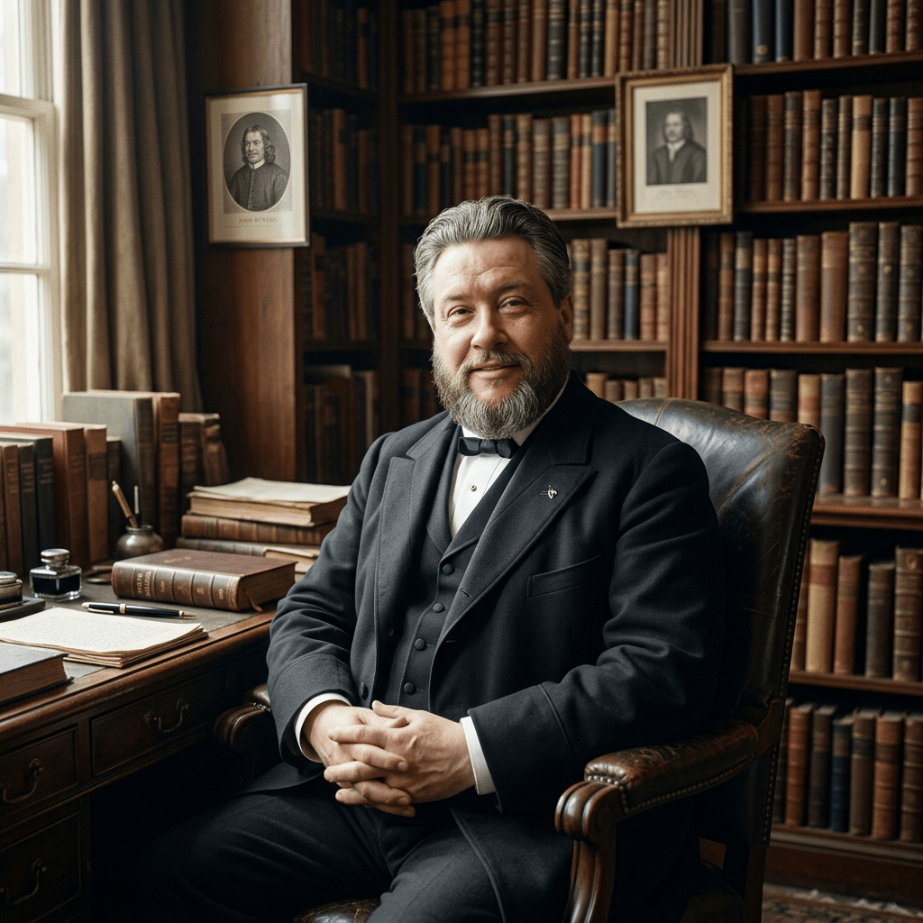 Man in Victorian formal wear seated in leather chair with bookshelf background
