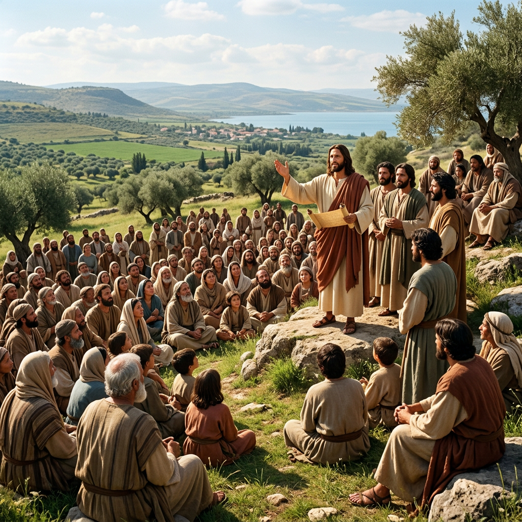 Jesus speaking to a large group of people on a hillside near a lake and green fields