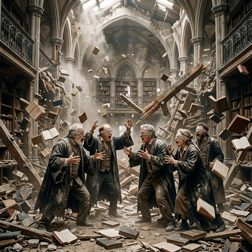 Group of blindfolded people in robes standing in a destroyed library with books and debris flying around them