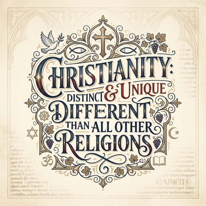 Text stating Christianity is distinct and unique, different than all other religions with religious symbols
