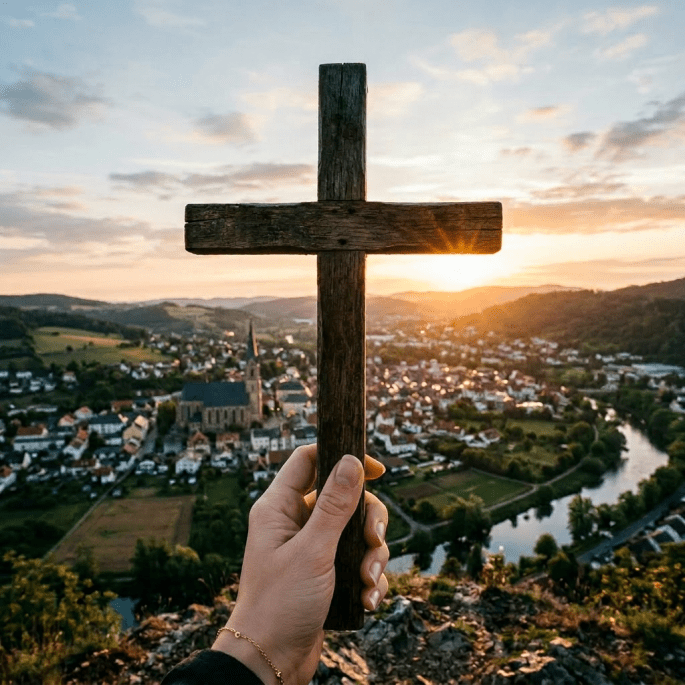 Hand holding a wooden cross overlooking a town at sunset