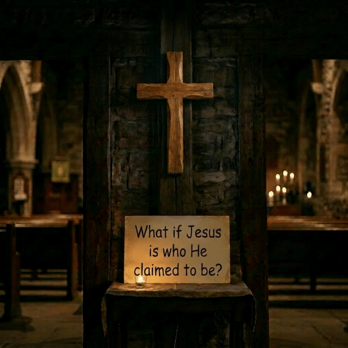 Glowing cross above a sign reading 'What if Jesus is the only way?' next to a lit candle inside a church